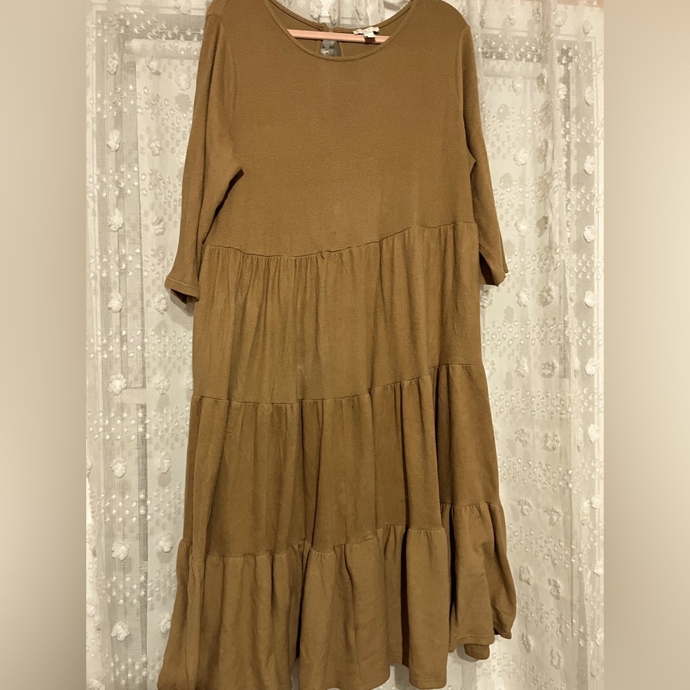 Tan bohemian ruffle fleece dress. Size 18/20